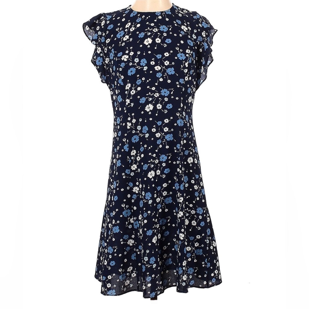 Michael Michael Kors Blue Florals Short Sleeve Silhouette Ruffle Dress small